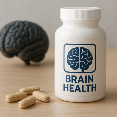 ภาพประกอบบทความ SEO หัวข้อบทสรุปของ วิตามินบำรุงสมอง ยี่ห้อไหนดี แสดงขวดวิตามินและโมเดลสมองอย่างชัดเจน