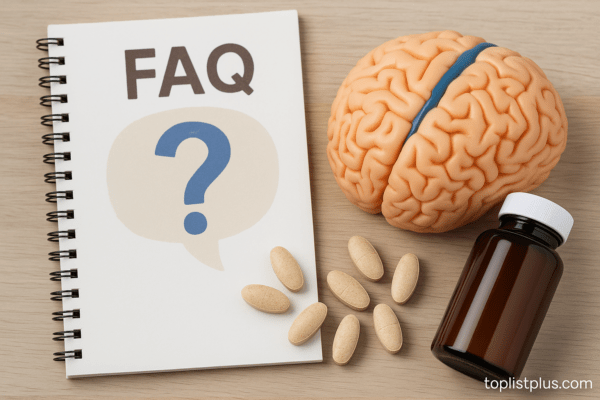 ภาพประกอบหัวข้อคำถามที่พบบ่อยเกี่ยวกับ วิตามินบำรุงสมอง ยี่ห้อไหนดี แสดงสมองจำลอง ขวดยา และสมุดโน้ตวางบนพื้นไม้