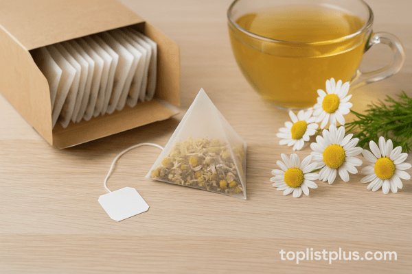 เคล็ดลับการเลือกซื้อชาคาโมมายล์ ยี่ห้อไหนดี โดยแสดงภาพถุงชา ดอกคาโมมายล์ และชาคาโมมายล์ในถ้วยแก้ว