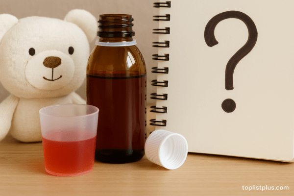 ภาพประกอบคำถามที่พบบ่อยเกี่ยวกับยาแก้ไอละลายเสมหะเด็ก ยี่ห้อไหนดี โดยมีขวดยาน้ำสีชา ถ้วยตวง และตุ๊กตาหมี