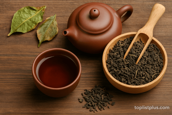 ชุดน้ำชาแบบจีนพร้อมใบชาแห้งวางบนพื้นไม้ เหมาะสำหรับบทความเรื่อง ชาจีน ยี่ห้อไหนดี