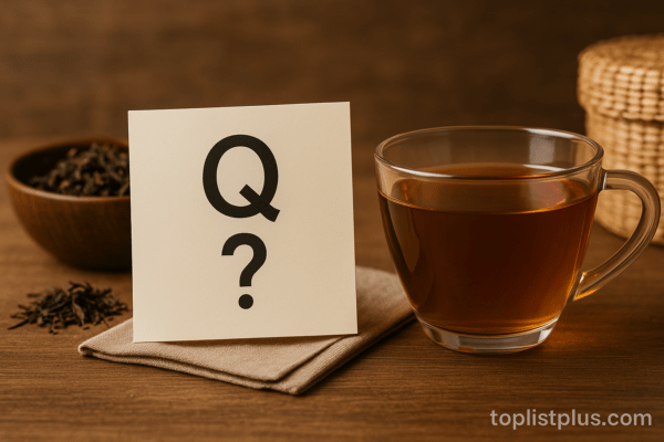 ภาพแนวนอนแสดงฉากที่เกี่ยวข้องกับ "ชาจีน ยี่ห้อไหนดี" โดยมีแก้วชาจีนและกระดาษโน้ตคำถามวางอยู่บนโต๊ะไม้ พร้อมลายน้ำ toplistplus.com