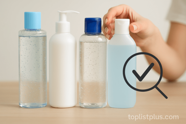 ผลิตภัณฑ์คลีนซิ่งหลากหลายแบบบนโต๊ะไม้ พร้อมสัญลักษณ์เช็คถูก แสดงถึงการเลือกซื้อคลีนซิ่ง ยี่ห้อไหนดี