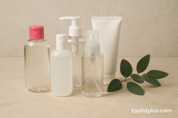 ผลิตภัณฑ์คลีนซิ่งหลายชนิดจัดวางบนพื้นผิวหินอ่อน สำหรับบทความ "คลีนซิ่ง ยี่ห้อไหนดี"