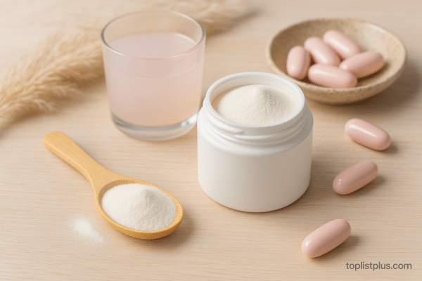 ภาพผลิตภัณฑ์เสริมอาหารคอลลาเจนบนพื้นไม้ สำหรับบทความหัวข้อ เคล็ดลับการเลือกซื้อ คอลลาเจน ยี่ห้อไหนดี