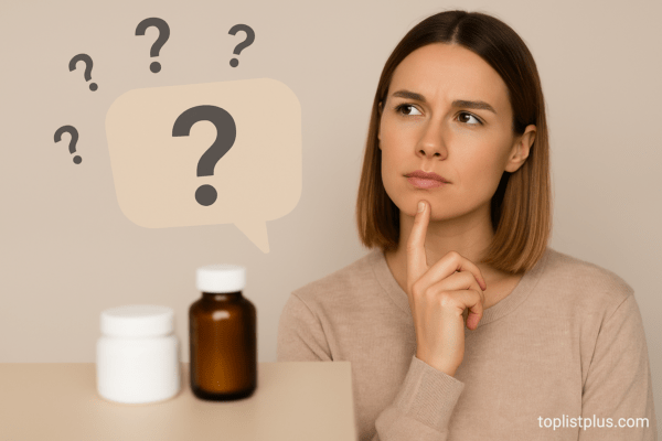 ผู้หญิงกำลังครุ่นคิดพร้อมขวดคอลลาเจนและสัญลักษณ์คำถาม เหมาะสำหรับบทความหัวข้อ "คอลลาเจน ยี่ห้อไหนดี"