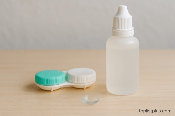 น้ำยาล้าง คอนแทคเลนส์ ยี่ห้อไหนดี พร้อมกล่องเลนส์และเลนส์สัมผัสวางบนพื้นไม้