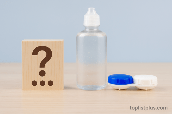 ภาพประกอบบทความหมวดคำถามที่พบบ่อยเกี่ยวกับ "น้ำยาล้าง คอนแทคเลนส์ ยี่ห้อไหนดี" มีขวดน้ำยาล้างและกล่องใส่คอนแทคเลนส์วางอยู่ข้างบล็อกไม้เครื่องหมายคำถาม