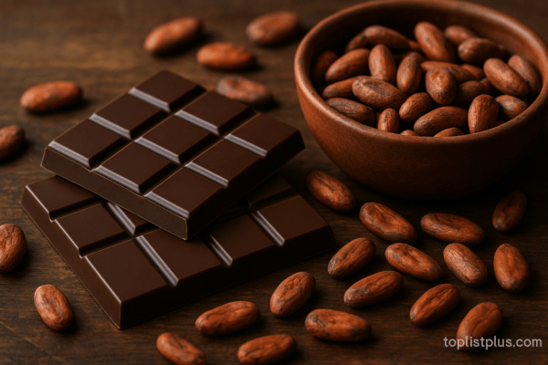 ภาพประกอบเคล็ดลับการเลือกซื้อ ดาร์กช็อกโกแลต ยี่ห้อไหนดี โดยแสดงแผ่นช็อกโกแลตและเมล็ดโกโก้
