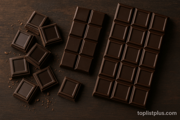 แผ่นดาร์กช็อกโกแลตหลายแผ่นวางเรียงบนพื้นไม้ สำหรับบทความ "ดาร์กช็อกโกแลต ยี่ห้อไหนดี