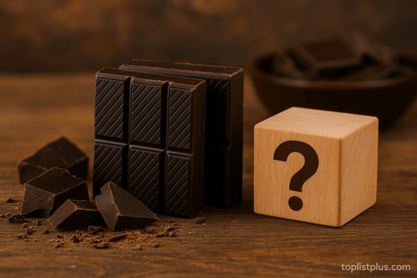 ภาพดาร์กช็อกโกแลตพร้อมบล็อกไม้ที่มีเครื่องหมายคำถาม ใช้ประกอบบทความคำถามที่พบบ่อยเกี่ยวกับ "ดาร์กช็อกโกแลต ยี่ห้อไหนดี"