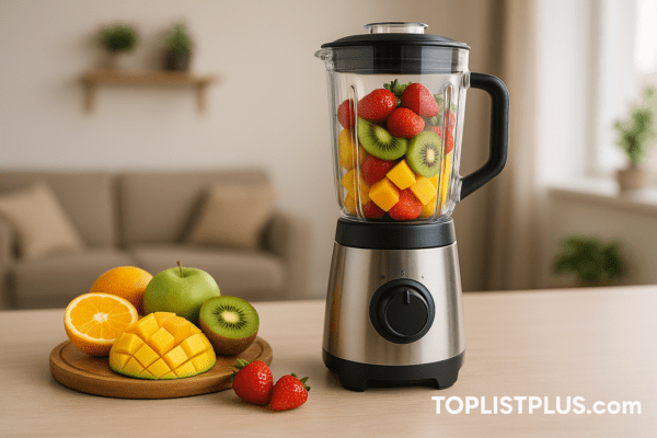 ภาพเครื่องปั่นน้ำผลไม้พร้อมผลไม้หลากสีวางบนเคาน์เตอร์ ใช้ประกอบบทความเรื่อง เครื่องปั่นน้ำผลไม้ ยี่ห้อไหนดี