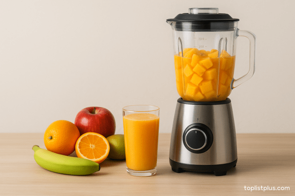 เครื่องปั่นน้ำผลไม้ ยี่ห้อไหนดี ที่มาพร้อมผลไม้สดและน้ำสมูทตี้ในฉากเรียบหรู