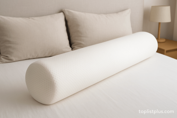 หมอนข้างยางพารา ยี่ห้อไหนดี บนเตียงสีขาวในห้องนอนสไตล์มินิมอล