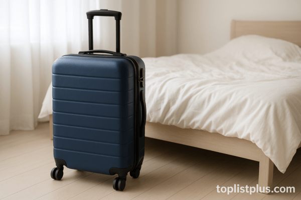 กระเป๋าเดินทาง ยี่ห้อไหนดี วางอยู่ข้างเตียงในห้องนอนสว่างด้วยแสงธรรมชาติ