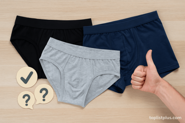 ภาพประกอบเคล็ดลับการเลือกซื้อ กางเกงในผู้ชาย ยี่ห้อไหนดี บนพื้นไม้ พร้อมไอคอนเครื่องหมายถูกและเครื่องหมายคำถาม