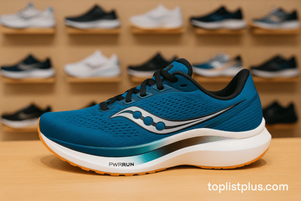 ภาพรองเท้าวิ่ง Saucony บนพื้นไม้ในร้านค้า ใช้ประกอบบทความเกี่ยวกับ "รองเท้าวิ่ง Saucony รุ่นไหนดี"