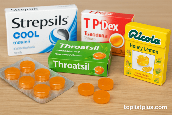 ภาพยาอมแก้เจ็บคอ ยี่ห้อไหนดี แบบรวมหลายยี่ห้อบนพื้นไม้ พร้อมลายน้ำ toplistplus.com