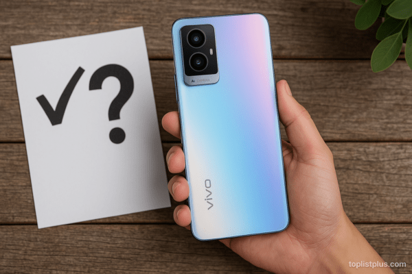 สมาร์ทโฟน Vivo สีไล่เฉด ถูกถืออยู่ในมือ มีพื้นหลังเป็นโต๊ะไม้ พร้อมกระดาษเครื่องหมายเช็กและคำถาม แสดงถึงการตัดสินใจเลือกซื้อ Vivo รุ่นไหนดี
