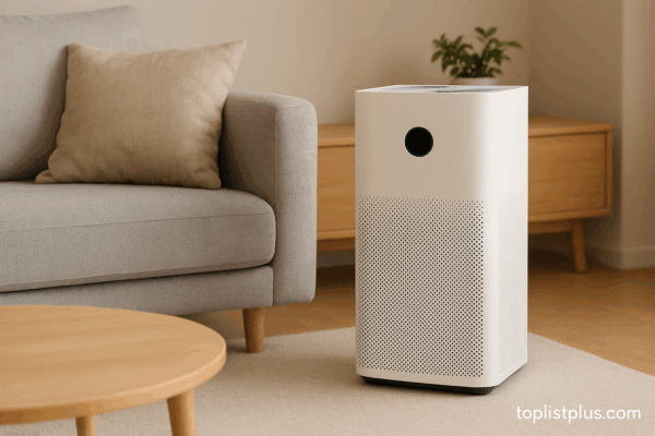 เครื่องฟอกอากาศ xiaomi รุ่นไหนดี ในห้องนั่งเล่นสไตล์มินิมอลพร้อมโซฟาและโต๊ะไม้