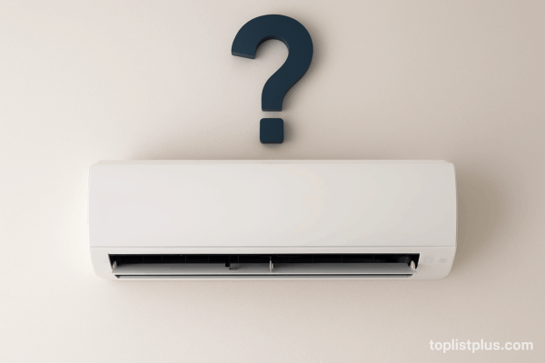 เครื่องปรับอากาศติดผนัง พร้อมเครื่องหมายคำถาม สำหรับบทความ "แอร์ 20000 BTU ยี่ห้อไหนดี"