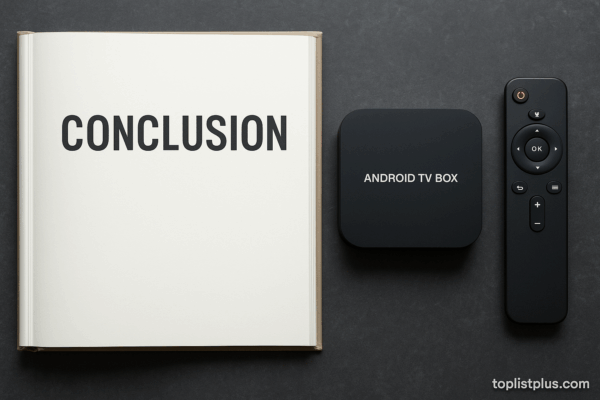ภาพประกอบบทสรุปของบทความ SEO แสดงกล่อง Android TV และรีโมท พร้อมข้อความ Conclusion ใช้ในหัวข้อ "กล่อง Android TV ยี่ห้อไหนดี"