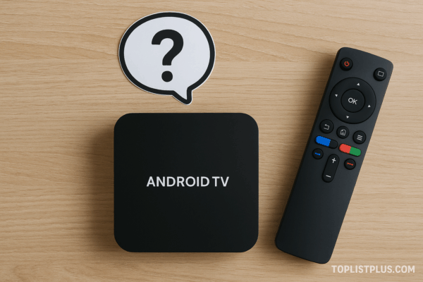 "กล่อง Android TV ยี่ห้อไหนดี พร้อมรีโมทควบคุม วางบนโต๊ะไม้"