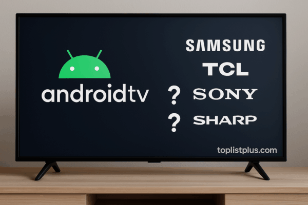 ภาพ Android TV ยี่ห้อไหนดี แสดงทีวีสมัยใหม่ในห้องนั่งเล่น พร้อมโลโก้ยี่ห้อทีวีชื่อดัง