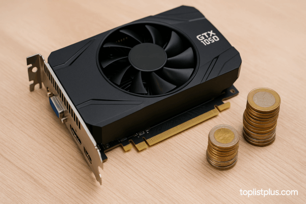 การ์ดจอ ราคาถูก รุ่น GTX 1050 พร้อมเหรียญซ้อนกันบนโต๊ะไม้ สำหรับบทความเคล็ดลับการเลือกซื้อ