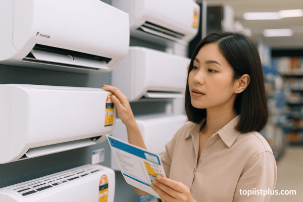หญิงสาวกำลังเลือกแอร์ไดกิ้น 12000 BTU จากชั้นโชว์สินค้าในร้านค้า พร้อมถือโบรชัวร์สินค้า – แอร์ไดกิ้น 12000 BTU รุ่นไหนดี