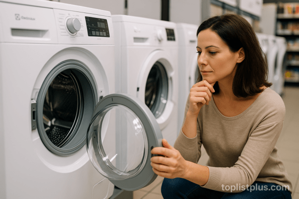 เครื่องซักผ้า ฝาหน้า Electrolux รุ่นไหนดี - ผู้หญิงกำลังเลือกซื้อเครื่องซักผ้า Electrolux ฝาหน้าในร้านเครื่องใช้ไฟฟ้า