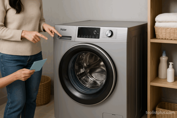 ผู้หญิงกำลังดูเครื่องซักผ้า Haier เพื่อประกอบการตัดสินใจเลือกซื้อ – เครื่องซักผ้า Haier รุ่นไหนดี