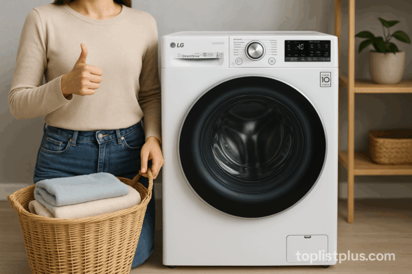 เครื่องซักผ้า LG ฝาหน้า รุ่นไหนดี ในบ้านสมัยใหม่ พร้อมผู้หญิงถือตะกร้าผ้าและกดไลก์