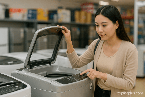 หญิงสาวกำลังตรวจสอบเครื่องซักผ้า LG ฝาบน 10 kg ในร้านเครื่องใช้ไฟฟ้า เพื่อประกอบการตัดสินใจว่าเครื่องซักผ้า LG ฝาบน 10 kg รุ่นไหนดี