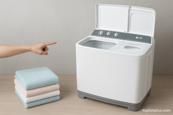 เครื่องซักผ้า LG 2 ถัง รุ่นไหนดี ตั้งอยู่ในห้องซักผ้าพร้อมผ้าขนหนูพับเรียง และมีมือชี้ไปที่ตัวเครื่อง