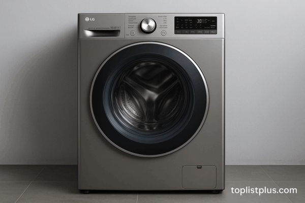 เครื่องซักผ้า LG รุ่นไหนดี แบบฝาหน้าทันสมัยตั้งอยู่บนพื้นกระเบื้องในห้องซักผ้า