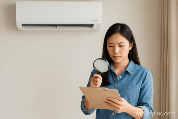ผู้หญิงกำลังพิจารณาเอกสารอย่างตั้งใจพร้อมแอร์มิตซูบิชิ 12000 BTU ติดผนังด้านหลัง — แอร์มิตซูบิชิ 12000 BTU รุ่นไหนดี