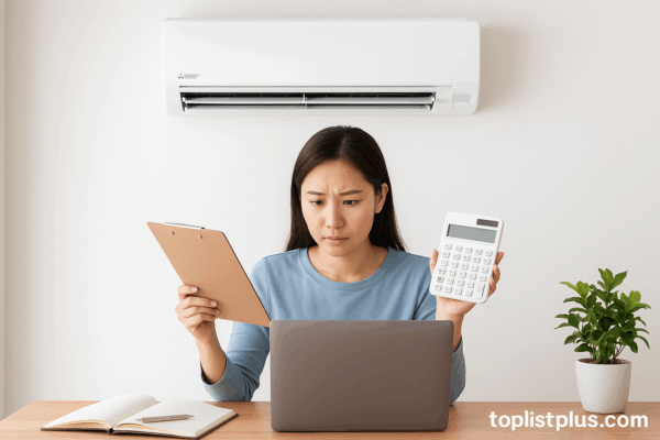 ผู้หญิงกำลังเปรียบเทียบข้อมูลเกี่ยวกับแอร์มิตซูบิชิ 15000 BTU รุ่นไหนดี ที่โต๊ะทำงานใต้แอร์