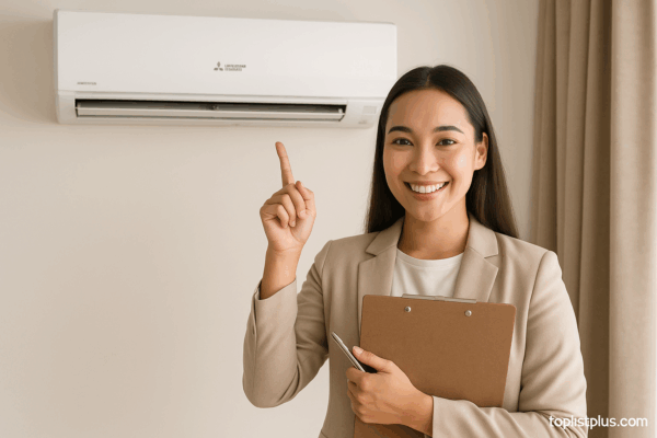 ภาพผู้หญิงกำลังชี้ไปที่แอร์ มิตซูบิชิ อินเวอร์เตอร์ 18000 BTU สำหรับบทความ "แอร์ มิตซูบิชิ อินเวอร์เตอร์ 18000 BTU รุ่นไหนดี"