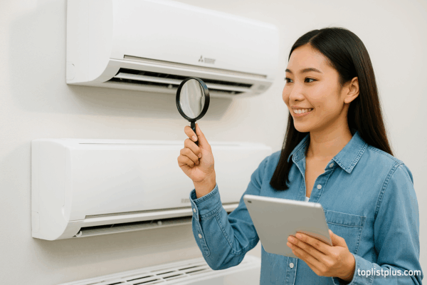 หญิงสาวกำลังตรวจสอบแอร์มิตซูบิชิ 9000 BTU เพื่อเปรียบเทียบว่าแอร์มิตซูบิชิ 9000 BTU รุ่นไหนดี