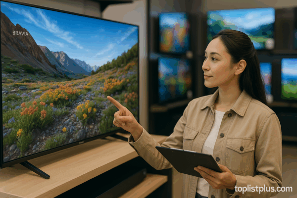 ผู้หญิงกำลังเลือกซื้อทีวี Sony 55 นิ้ว 4K ที่ร้านค้าเพื่อเปรียบเทียบว่ารุ่นไหนดี