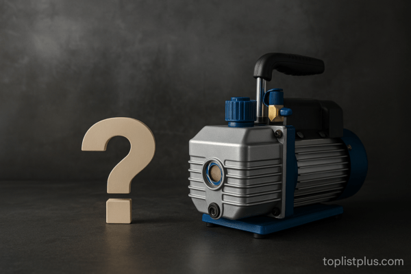 เครื่องแวคคั่มแอร์ ยี่ห้อไหนดี ตั้งอยู่ข้างเครื่องหมายคำถาม บนพื้นหลังเรียบเท่