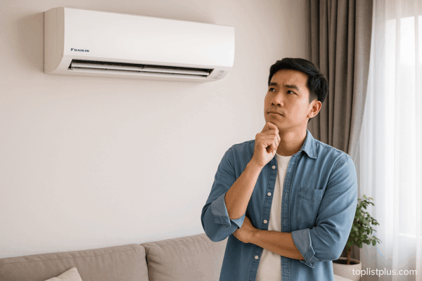 ชายหนุ่มกำลังพิจารณาแอร์ Daikin บนผนังในห้องนั่งเล่น เพื่อประกอบการตัดสินใจเลือกซื้อ แอร์ Daikin รุ่นไหนดี