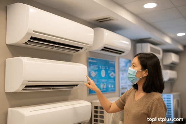 ผู้หญิงกำลังเลือกแอร์แขวน 36000 BTU ในร้านขายเครื่องใช้ไฟฟ้า พร้อมลายน้ำ toplistplus.com – แอร์แขวน 36000 BTU ยี่ห้อไหนดี