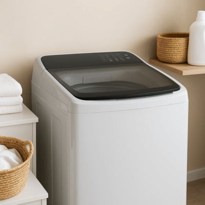 เครื่องซักผ้าฝาบน 10 kg ยี่ห้อไหนดี ในห้องซักผ้าทันสมัย พร้อมตะกร้าผ้าและผ้าขนหนูพับเรียบร้อย