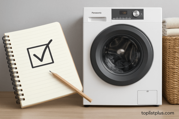 เครื่องซักผ้า Panasonic รุ่นไหนดี พร้อมสมุดโน้ตและตะกร้าผ้าในห้องซักล้างแบบมินิมอล