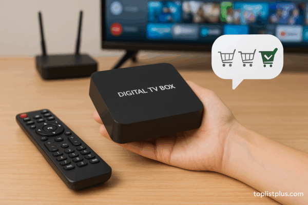 กล่องทีวีดิจิตอล wifi ยี่ห้อไหนดี พร้อมรีโมทและทีวีจอแบนในห้องนั่งเล่น