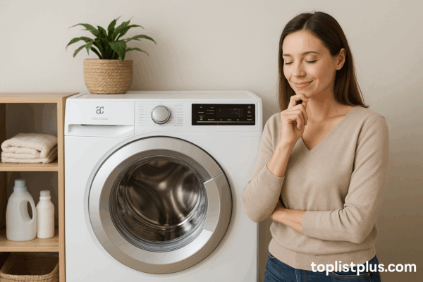 ผู้หญิงกำลังพิจารณาเลือกซื้อเครื่องซักผ้า Electrolux ในห้องซักผ้าสมัยใหม่ – เครื่องซักผ้า Electrolux รุ่นไหนดี