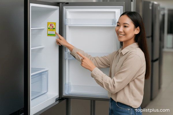 ผู้หญิงยืนเลือกตู้เย็นพร้อมฉลากเบอร์ 5 ในร้าน ใช้ประกอบบทความเคล็ดลับการเลือกซื้อ ตู้เย็นประหยัดไฟเบอร์ 5 ยี่ห้อไหนดี