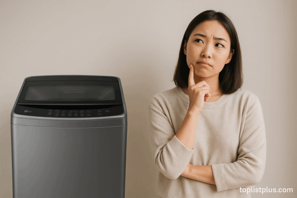 ผู้หญิงกำลังครุ่นคิดข้างเครื่องซักผ้า LG ฝาบน พร้อมพื้นหลังเรียบง่าย – เครื่องซักผ้า LG ฝาบน รุ่นไหนดี
